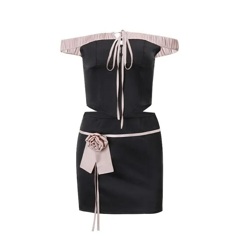 Sexy Slash Neck Short Strapless+3D Flower Mini Skirt 2-piece Set Summer Women Set 2024 New SKinny Backless Skirt Set for Women