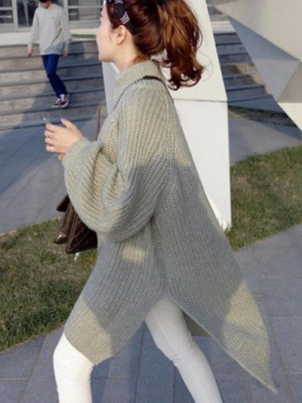 Осенне-зимний плотный длинный свитер для женщин с рукавами-фонариками и Боковым Разрезом свитеры с воротником «хомут» пуловеры большого размера женский свитер