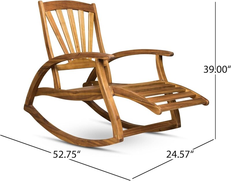 كرسي هزاز خارجي من خشب السنط مع مسند للقدمين ، تشطيب من خشب الساج ، ضبط النفس الرجعية ، مسند للقدمين قابل للطي