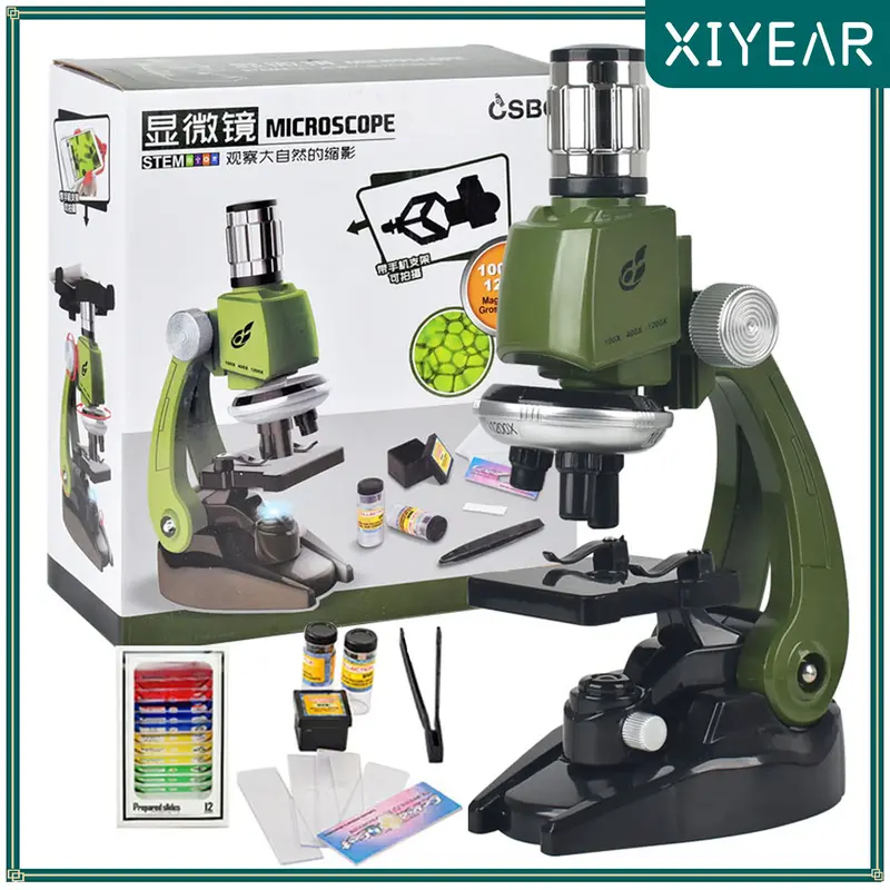 Kit de microscopio de laboratorio LED para niños, 100X-400X-1200X, microscopio biológico, Escuela en casa, juguete educativo de ciencia, regalo para niños
