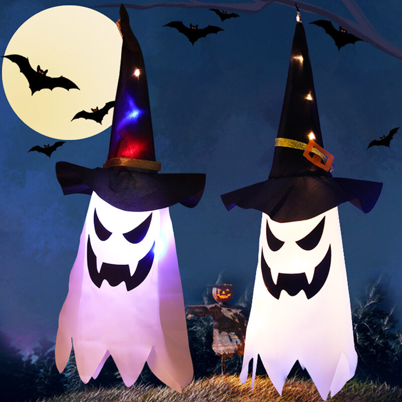 Bateria Powered Glowing Wizard Hat Lamp, Halloween LED Pendurado Ghost Light, Vestir Decoração Iluminação, Casa, Festa