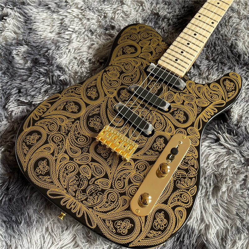 Gitar Listrik Bunga Warna Emas Kustom Baru Datang dengan Papan Jari Maple, Perangkat Keras Warna Emas, Gitar Pengiriman Cepat
