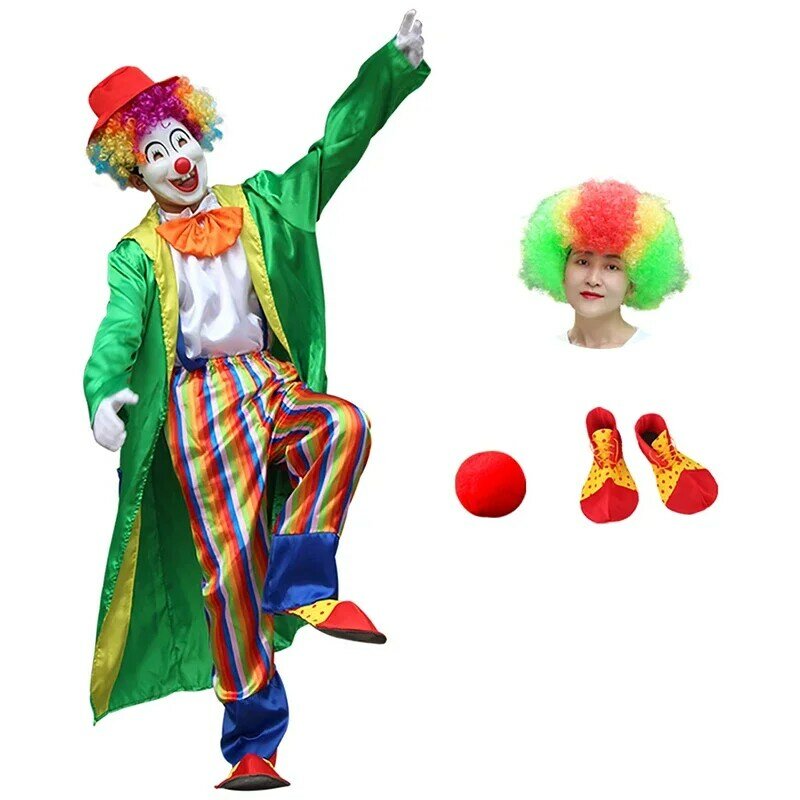 Мужской костюм клоуна, мужской костюм для взрослых, костюмы для косплея с париком, носом и туфлями, костюмы для карнавала, 4 шт.
