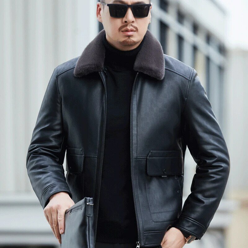 Jaket kulit asli untuk pria, jaket kulit asli ZDT-8052 dengan kerah lipat, mantel kasual warna putih tebal hangat musim dingin