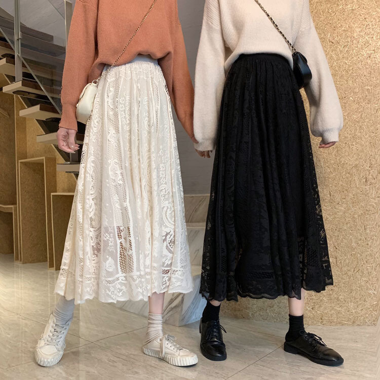Elegant Elastic High Waist Detailed Lace Skirts Womens Spring Autumn New Korean  Casual A-line Black Long Skirt Female