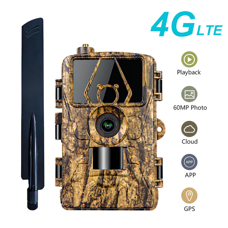 Câmera 4G LTE Hunting Trail, 60MP, HD, 8K, Controle de Aplicativos, Visão Noturna, Photo Trap, Cartão SIM, Celular, Sem Fio, Wildlife Cam