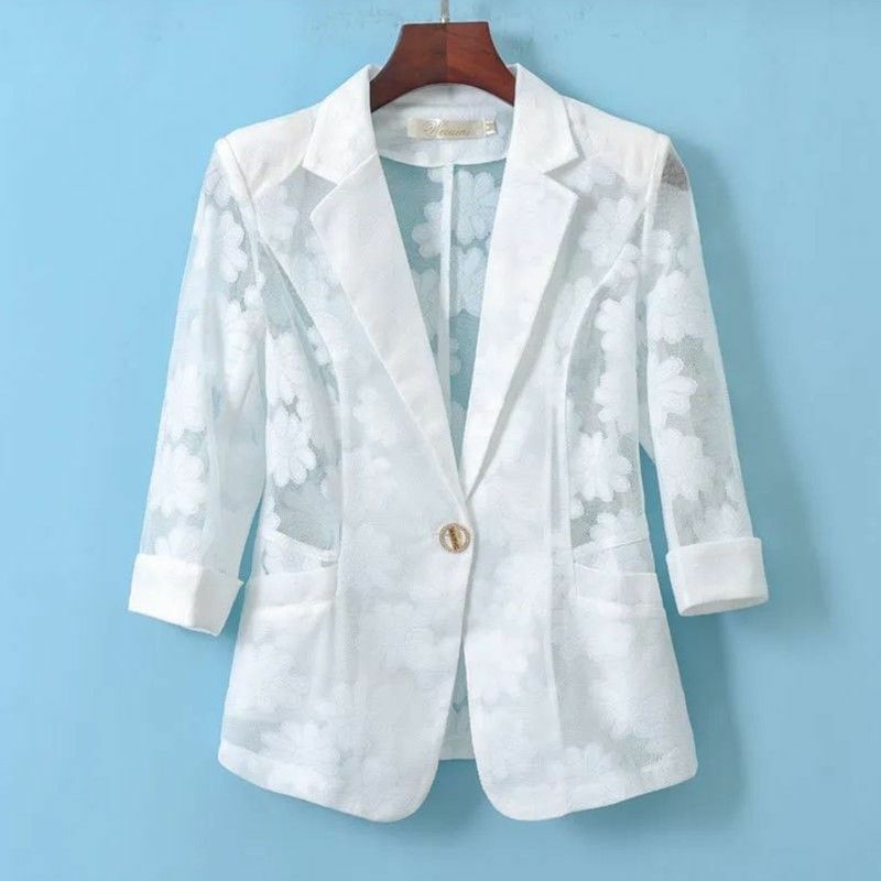Abrigo de traje de tres cuartos de Jacquard de encaje hueco, cuello de Polo de gama alta, Color sólido Simple, novedad de verano, 2024