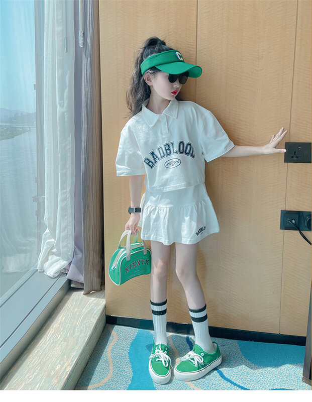 Комплект летней одежды для девочек, футболка с коротким рукавом и юбка, модная спортивная одежда с надписью для детей 6-14 лет