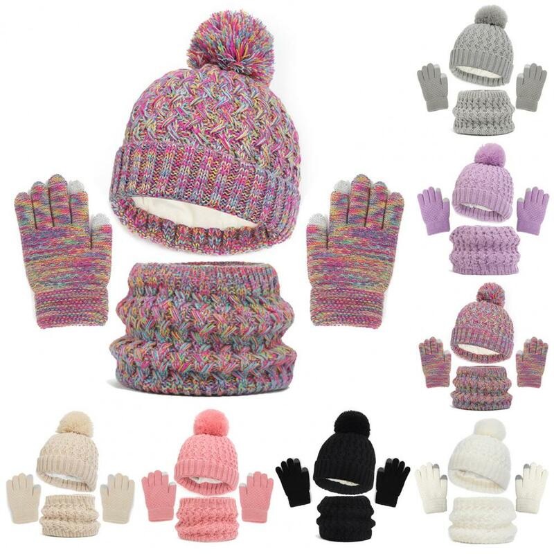 Warm Hat Scarf Gloves Set Cozy Winter Kids' Plush Ball Knit Beanie Hat Fleece Lined Scarf Thick Gloves Set Warm for Girls