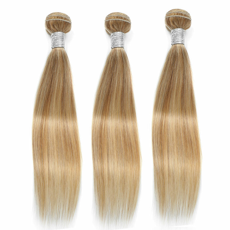 Linhua Highlight P27/613 bundel rambut manusia 8 sampai 30 inci rambut manusia lurus mesin pirang dibuat pakan jalinan ganda