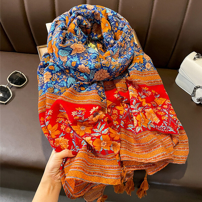 The Four Seasons Windproof Beach Towel, New 180 * 85cm Muslim Headscarf, Fashion Print Warm Bandanna Ethnic style Tassels Shawls