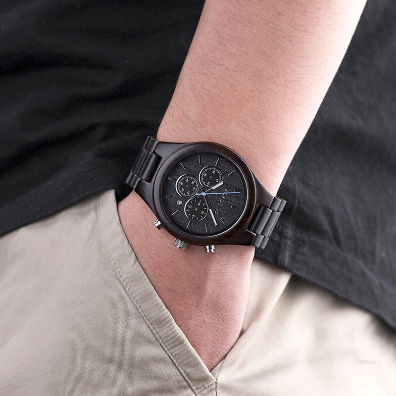 BOBO BIRD Men Watch orologio da polso in legno fatto a mano di lusso cronografo in ebano cronometro data Display Logo Dropshipping personalizzato