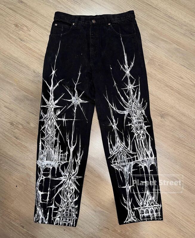 Jeans Harajuku malucos estampados para homens, estilo Y2K, calças jeans retrô hip-hop, moda nova, casual folgada, cintura alta, calças largas
