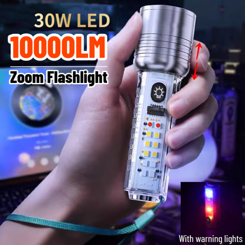 Linterna LED superbrillante de 10000LM, iluminación de mecha LED de 30W, luz lateral blanca, roja, azul y púrpura, linterna de Camping con zoom