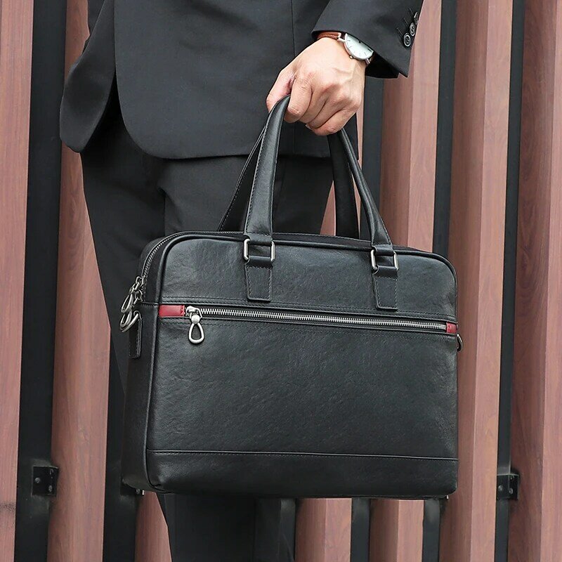 Nesitu kelas atas A4 hitam Top Grain kulit asli 14 "Laptop eksekutif pria tas bisnis tas kurir portofolio M7430