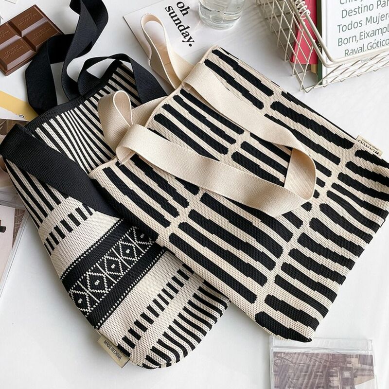 Knit Geometric Pattern Handbag para mulheres, Knot Wrist Bag, Tote de alta capacidade, bonito, novo