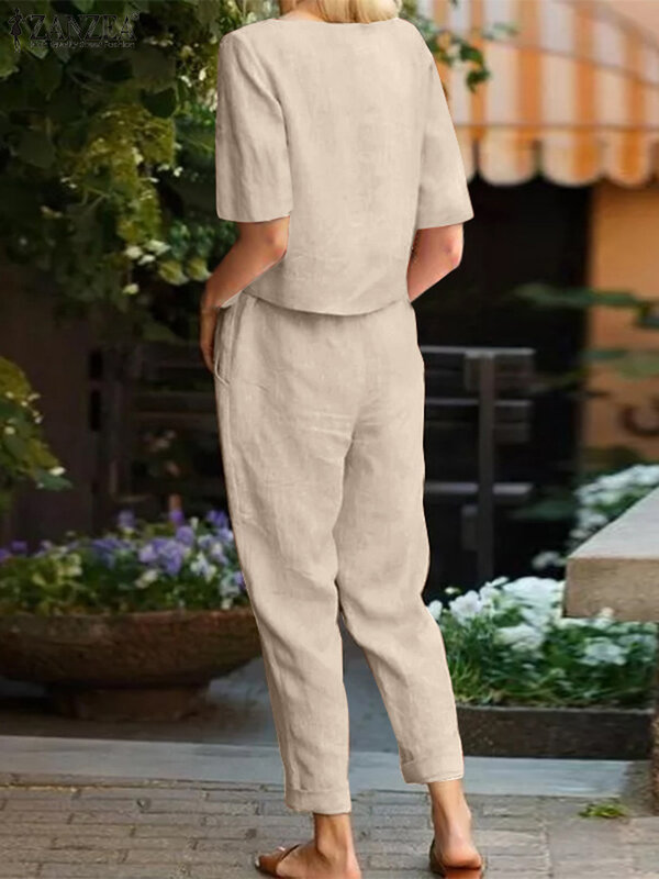 ZANZEA letnia damska bluzka z krótkim rękawem haremowe spodnie zestawy 2 szt. Jednolity dres zestawy dwuczęściowe luźne pasujące zestawy na co dzień
