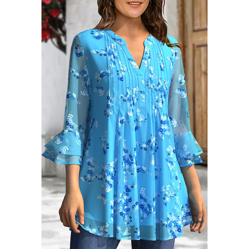 Plus Size Dressy Blue Chiffon Floral Print Pleated Double Layer Ruffled Cuff 3/4 Sleeve Blouse