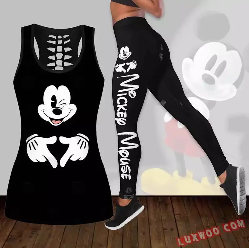 Conjunto de mallas de Yoga de Mickey Mouse para mujer, conjunto de mallas deportivas sin mangas con recortes de Disney, 2024