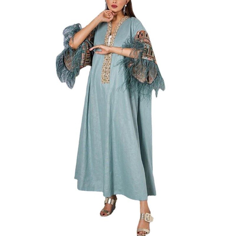 Feather Long Sleeve V Neck Loose Kaftan Dubai Abaya Arab Robe Maxi Dress Muslim Islamic Dress for Women 2023