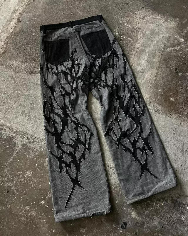 Celana panjang pinggang tinggi Raw Edge Washed Jeans pria jalan longgar Eropa dan Amerika modis kebesaran lurus celana kaki lebar