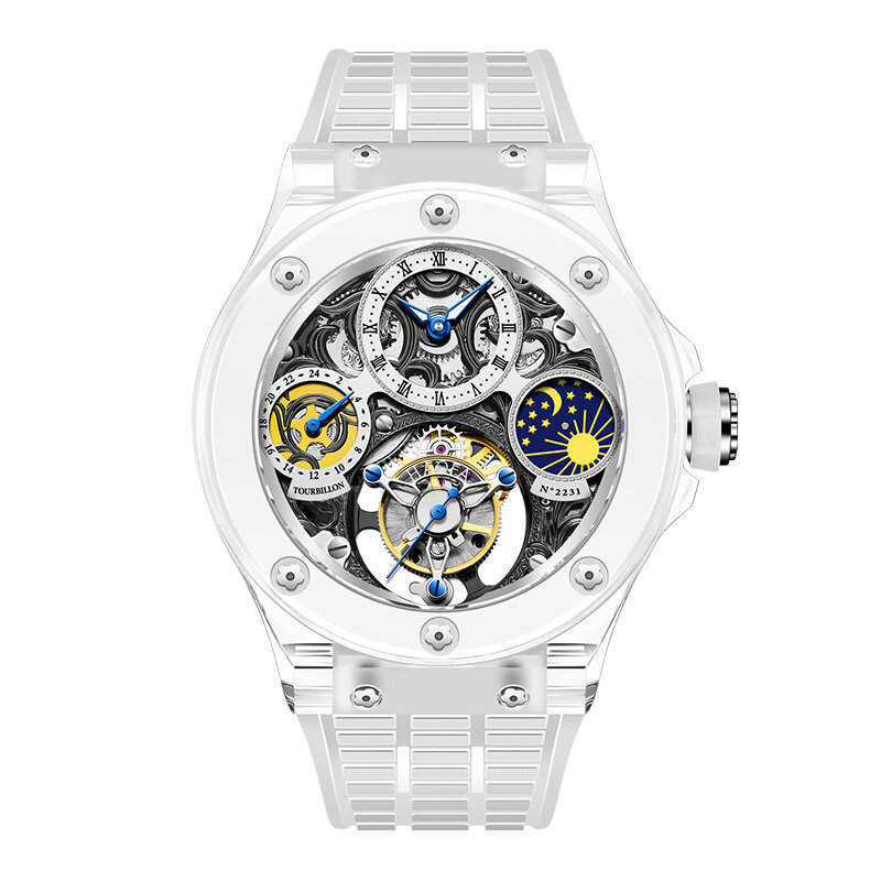 Haofa นาฬิกาข้อมือ Tourbillon คริสตัล K9, Gmt Moon Phase Sapphire กันน้ำใช้มือนาฬิกาข้อมือกลไก2231หรู