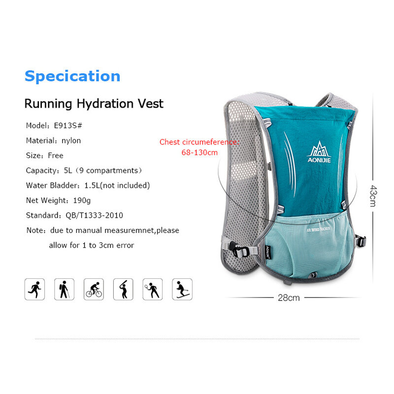 AONIJIE-mochila de hidratación E913S de 5L, bolsa de hidratación, chaleco para 2L, vejiga de agua, senderismo, correr, Maratón, carrera, botella de agua deportiva