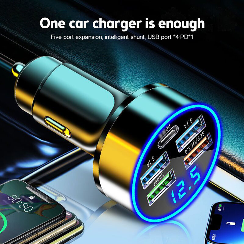 5 พอร์ต USB ชาร์จไฟในรถด่วน QC3.0 อะแดปเตอร์ชาร์จไฟในรถด่วนสำหรับ iPhone Android