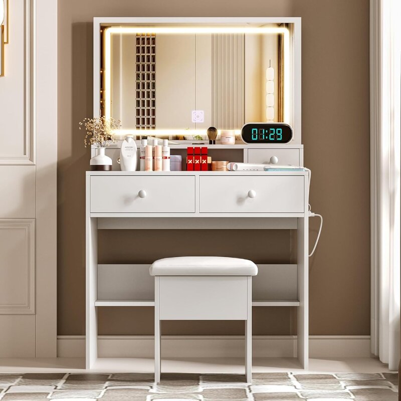 Set meja rias dengan cermin berlampu LED & Outlet daya, Set meja rias dengan bangku penyimpanan, 4 laci putih untuk kamar tidur