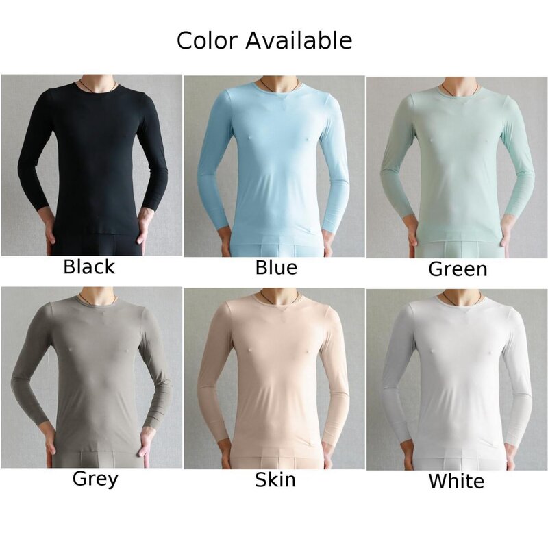 Comfy Fashion Men\'s Top Undershirt Comfortable Fitness Ice Silk Long Sleeve Mesh Muscle Ound Neck Solid Color