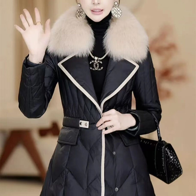 Casaco de algodão feminino com gola de pele de raposa grande, jaqueta acolchoada, Parka longa, grossa, imitação, alto grau, fêmea, neve, inverno, novo