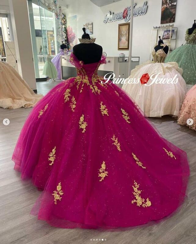 Fuchasia Prinzessin von der Schulter Quince anera Kleider Vestido 15 Años Mujer Gold Applikation Korsett Abschluss ball süß 15 Kleid