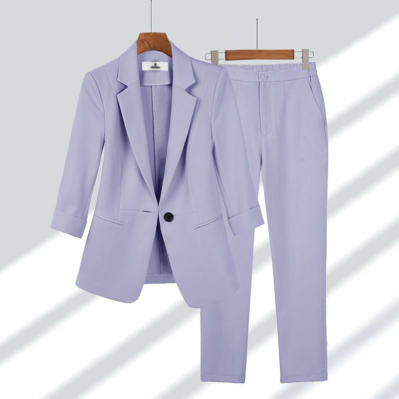Conjunto de calças largas de duas peças para mulheres, blazer casual, jaqueta fina, roupas elegantes de escritório, roupas de negócios, verão, novo, 2023