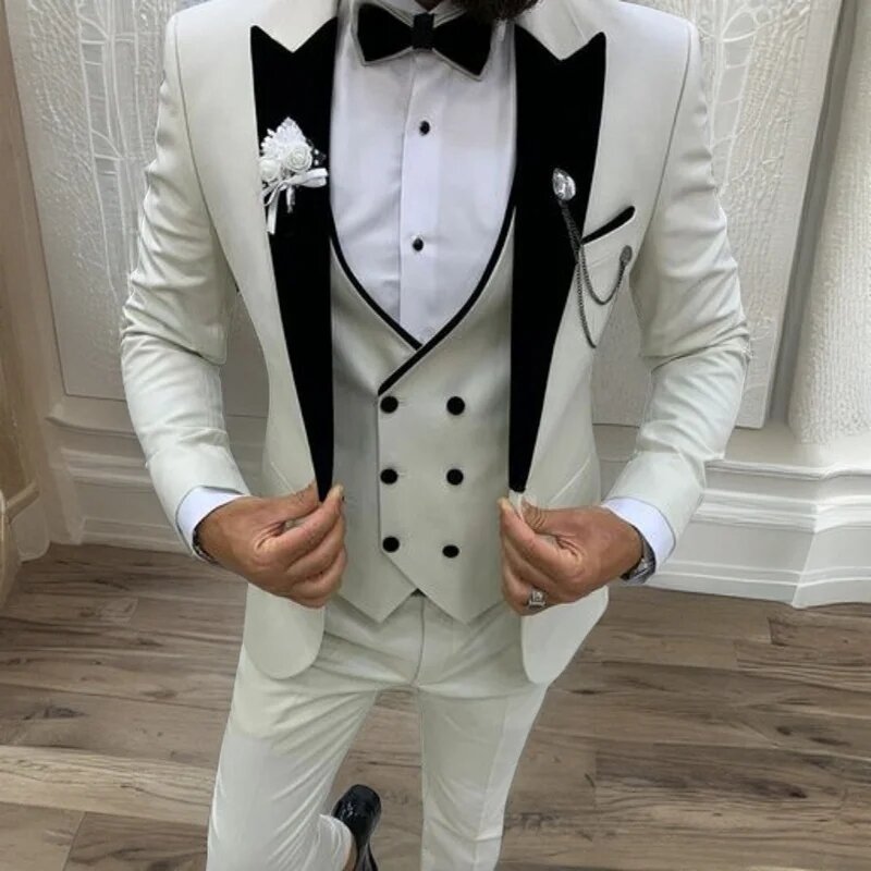 Men's Slim Fit Wedding Suits 3 Piece Groom Tuxedo Business Fashion Peak Lapel Blazer with Double Breasted Vest Pants