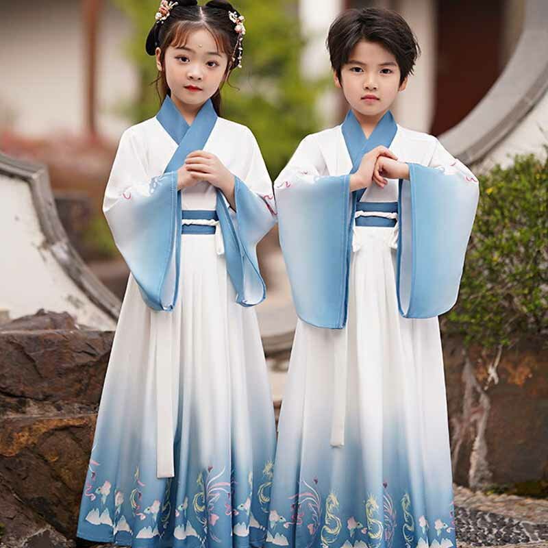 Jungen Mädchen Retro gedruckt Hanfu Frühling Sommer altes Kostüm Kinder Bühne Performance Kleidung chinesischen Stil Tang Anzug