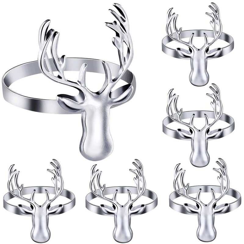 Servilleteros de Metal con forma de ciervo para Navidad, soporte de anillo de alce para boda, fiestas navideñas, plata, 6 piezas