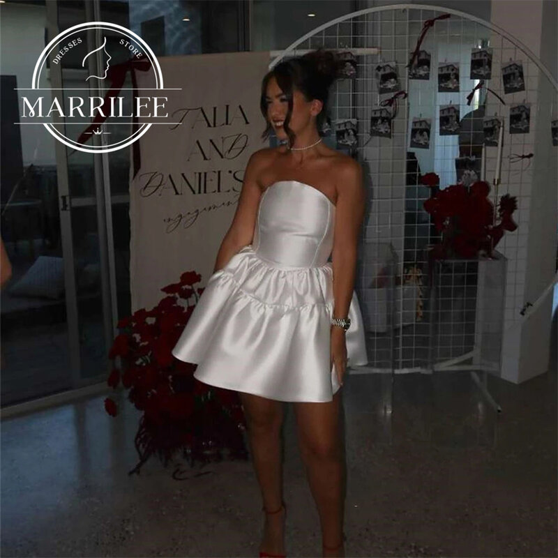 Marrilee Short Stain Pleated A-Line Strapless Evening Dress Simple Mini Above Knee Sleeveless Backless Prom Party Gowns Vestidos