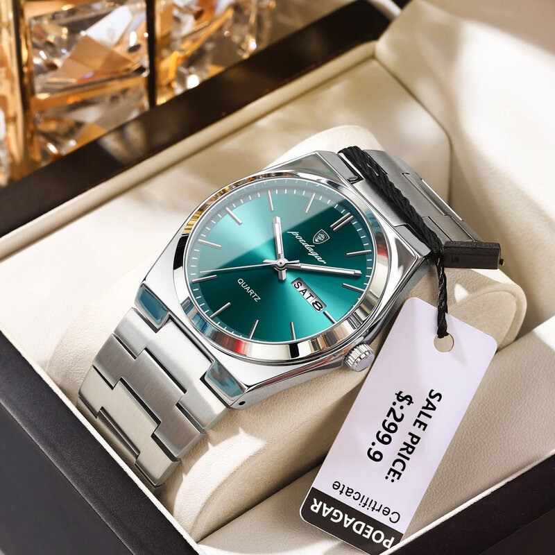 POEDAGAR-Relógio de pulso quartzo de luxo masculino com caixa, relógios esportivos impermeáveis, luminoso, data semana, aço inoxidável, relógio masculino