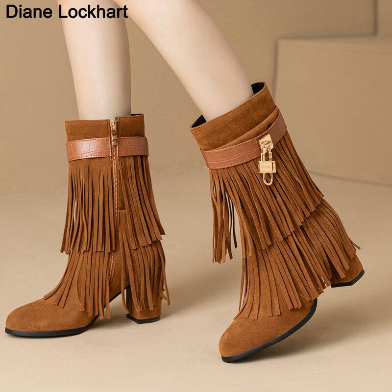 Tassel Women Boots 2023 New Chunky  High Heels Lady Shoes 40 41 Round Toe Stitching Zip Metal Lock Ankle Boots chaussure femme