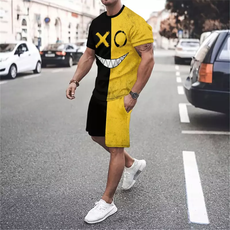 3D Smiley Monogram Printed Men's Short Sleeve Suit Basketball Sportswear Men's Round Neck Short Sleeve T-shirt Shorts Suit