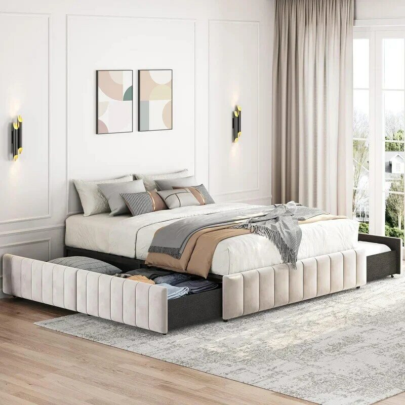 Yaheetech Queen Bed Frame Upholstered Platform Bed with 4 Storage Drawers, Large Storage Space/Strong Wooden Slats/Non-Slip and