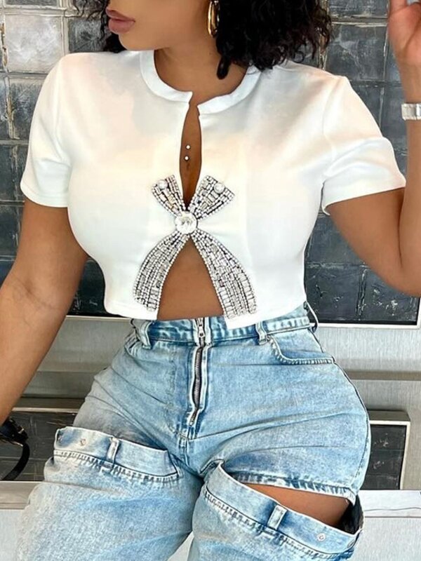 LW T-shirt desain kancing belahan depan T-shirt lengan pendek wanita atasan Crop putih dasar kaus seksi untuk wanita atasan y2k