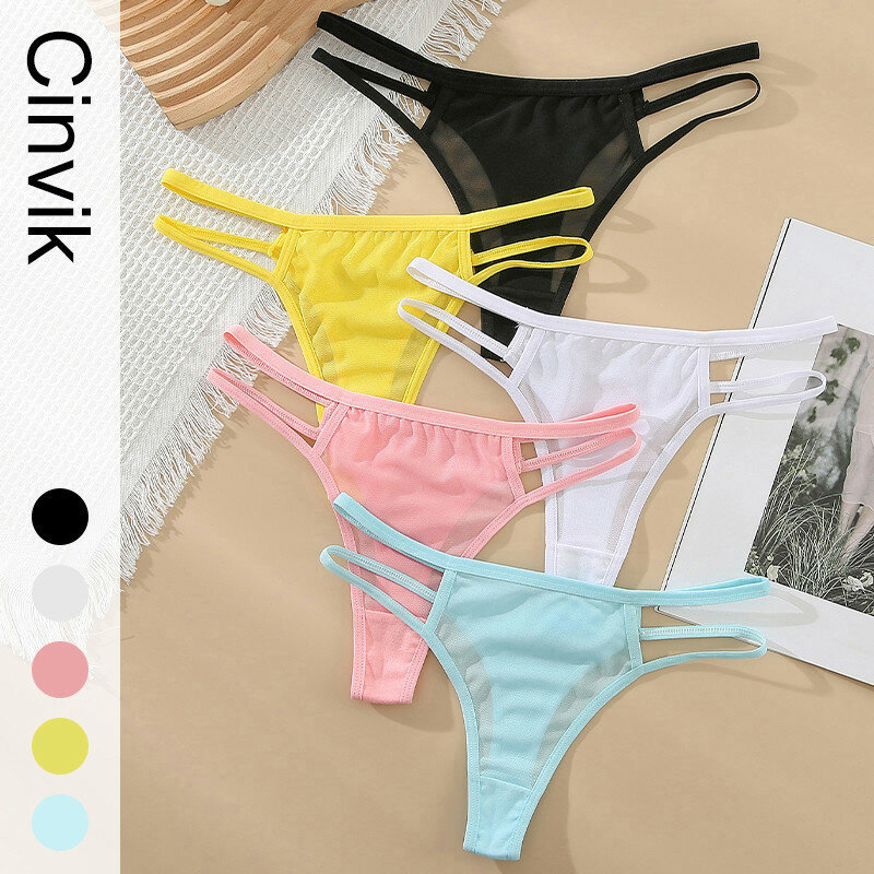 CINVIK Thin Mesh Sexy Thongs Transparent Women Underwear G-string Low Waist Thongs Briefs Hollow Out Traceless Panties Tangas