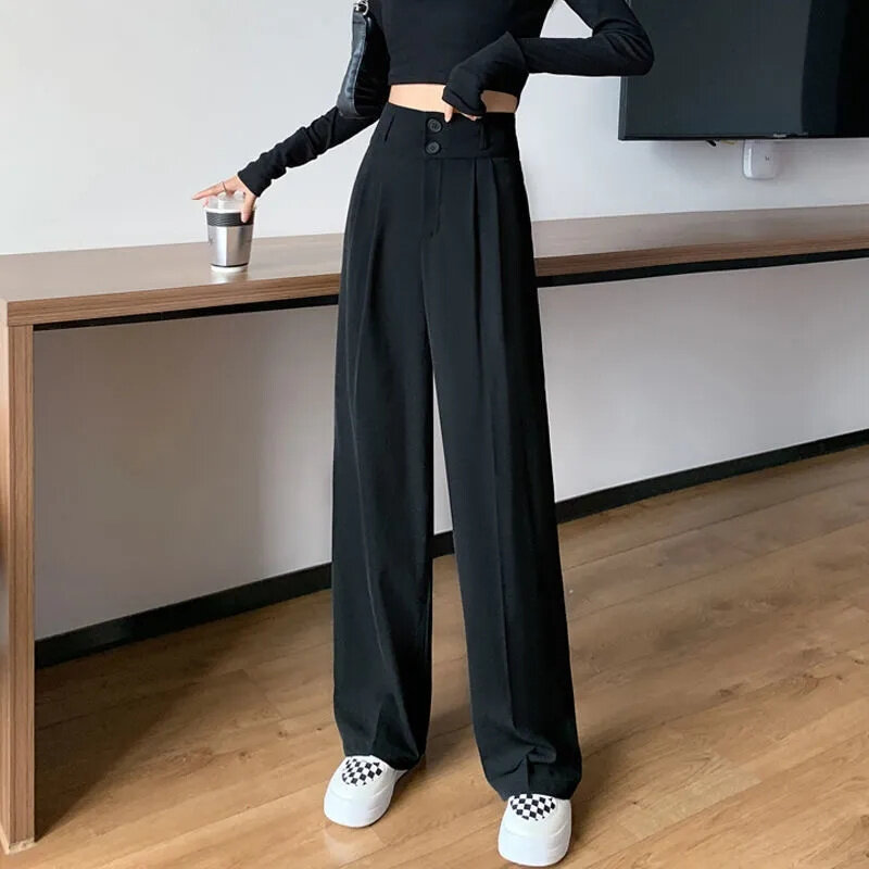 Black Suit Calças Para Mulheres Coreano Moda 2 Botões Calças Perna Larga Streetwear Vintage Cintura Alta Escritório Senhoras Calças de Trabalho Novo