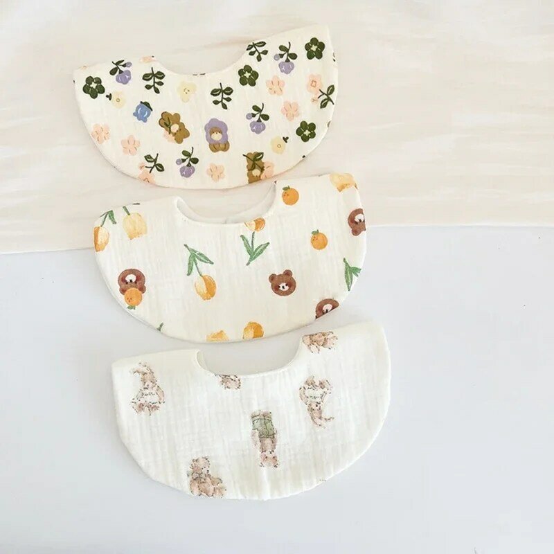 Babero algodón con estampado flores dibujos animados, toalla alimentación bebé, toalla Saliva impermeable, 4 y