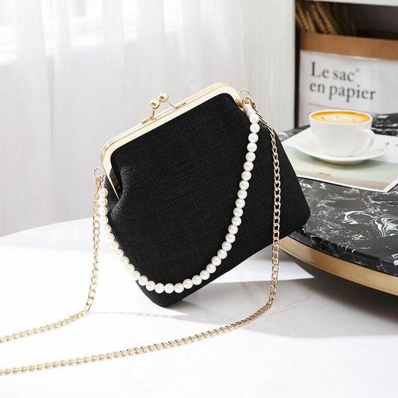 Pearl Chain Shell Bag Fashion Canvas Mini Shoulder Bag Pearl Chain Handbag Girls