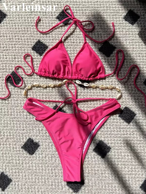Sexy biquíni brasileiro Halter Shell para mulheres, maiô feminino, swimwear, conjunto de 2 peças, roupa de banho banhista, natação, V5469, 5 cores