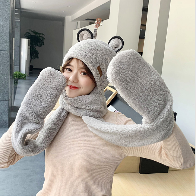 따뜻한 성인 곰 귀여운 따뜻한 가을 겨울 플러시 모자 스카프 장갑 한 3 조각 세트 소녀 패션 산호 벨벳