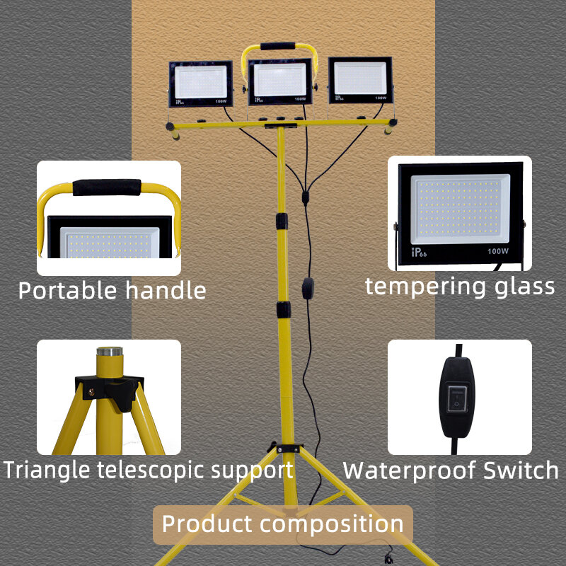 Proiettore da campeggio portatile a LED 3*100W con treppiede da 2m regolabile in altezza per fotografia di lavoro all'aperto con luce di riempimento