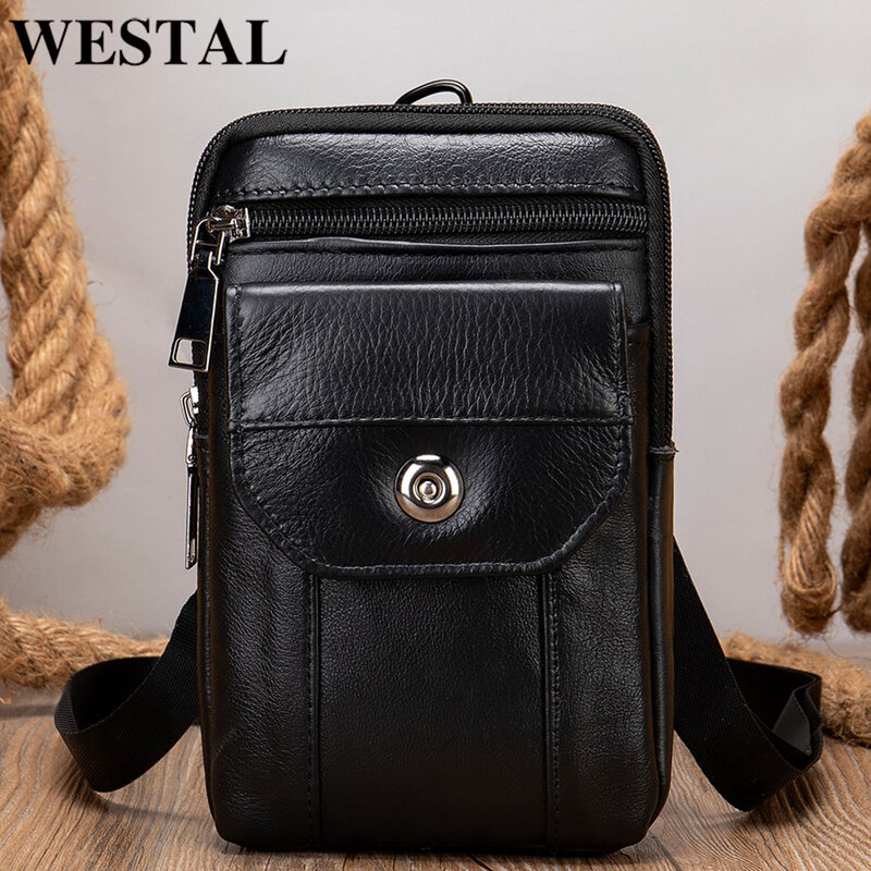 WESTAL Small Men's Bag Genuine Leather Flap Phone Belt Pouch Men's Shoulder Bags Men Leather Crossbody Bags Over The Shoulder